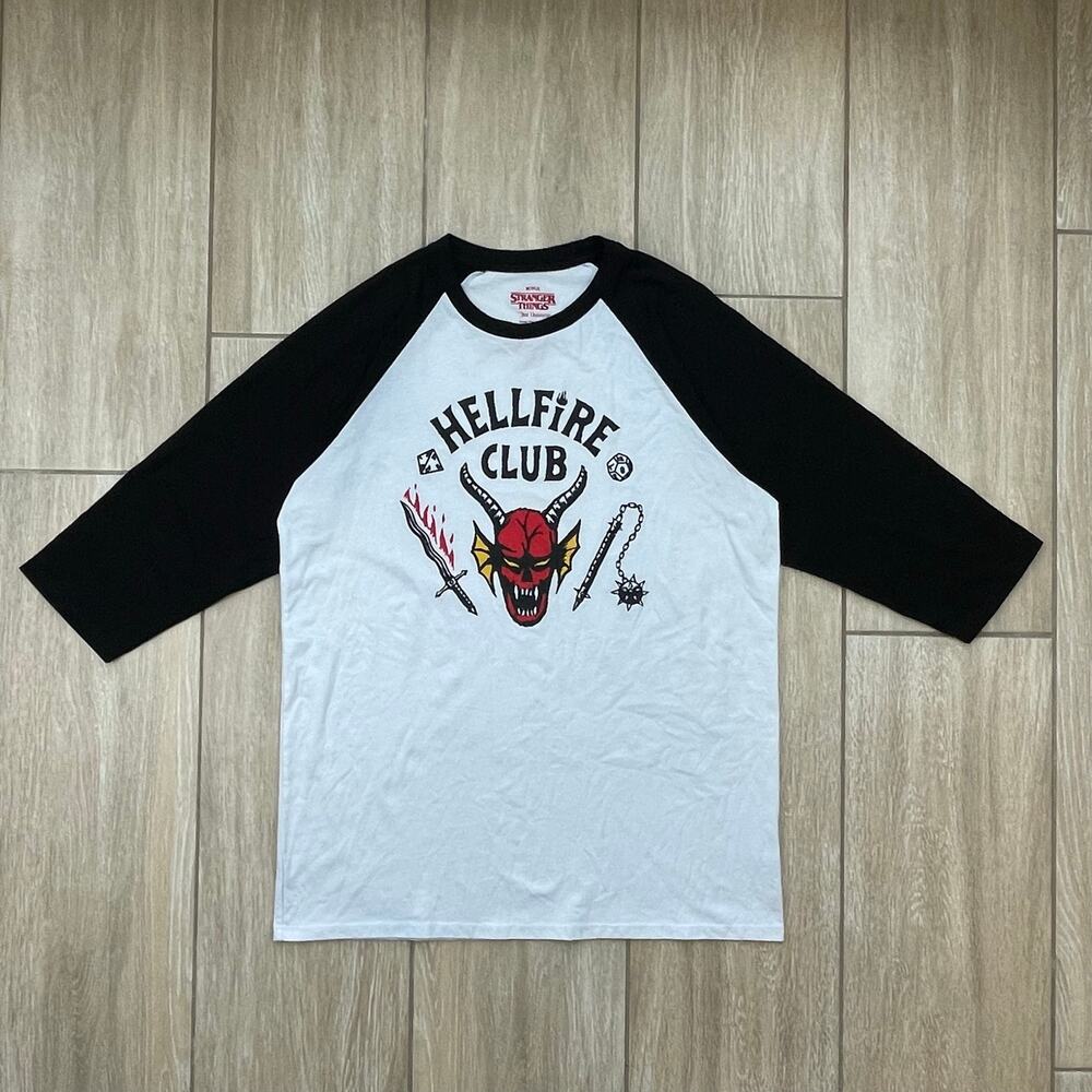 Stranger Things Hellfire Club Raglan T Shirt Mens L White Black 3/4 Sleeve Tee